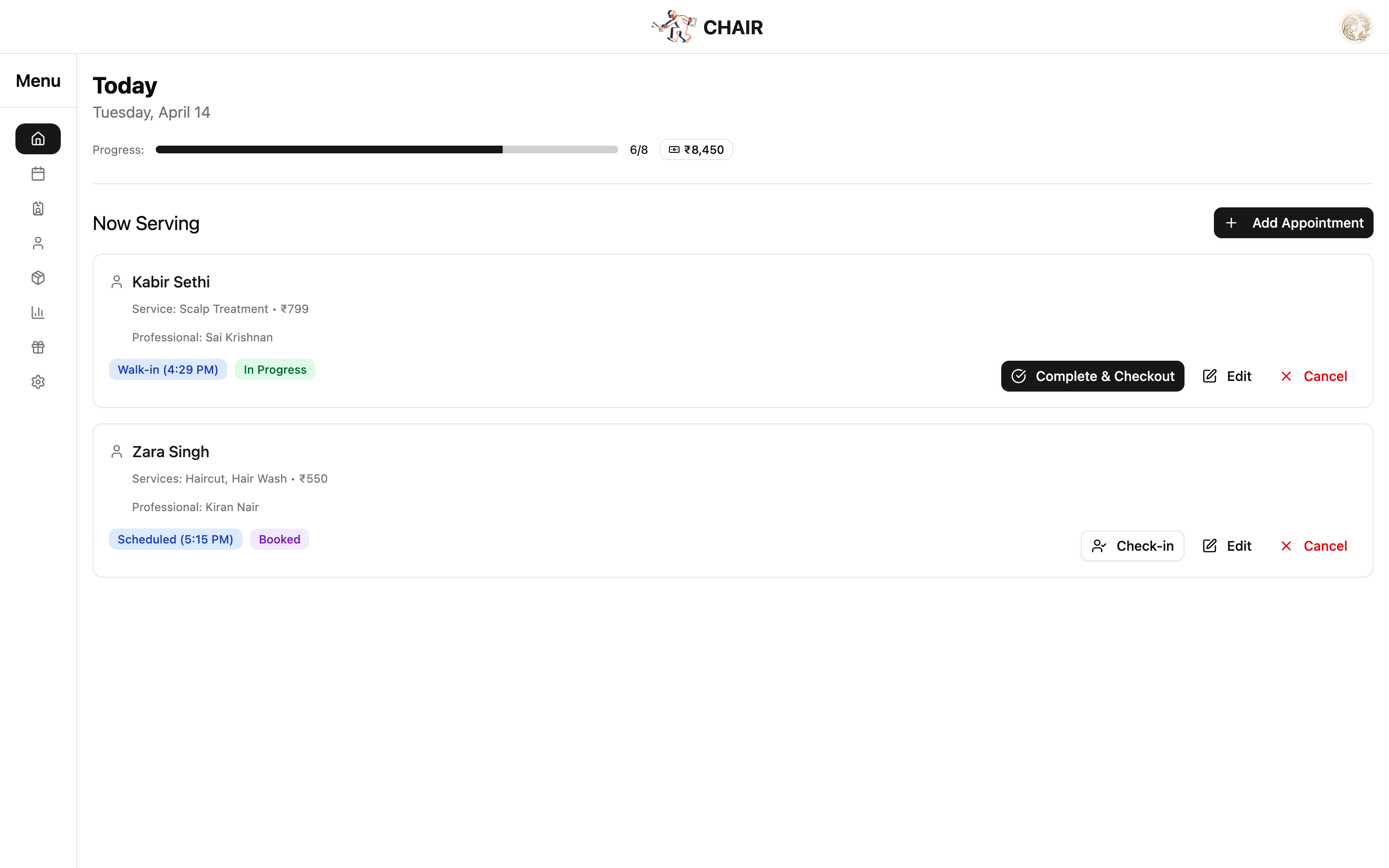 Chair — Today page showing appointments, progress tracking, and real-time salon management